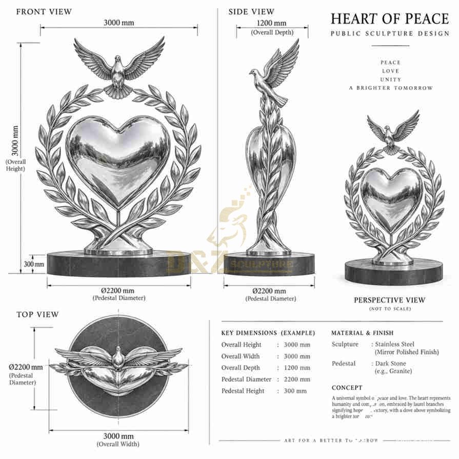 Peace and love sculpture design drawing with front, side and top views of heart, dove, olive branches and pedestal Peace and love sculpture design drawing with front, side and top views of heart, dove, olive branches and pedestal