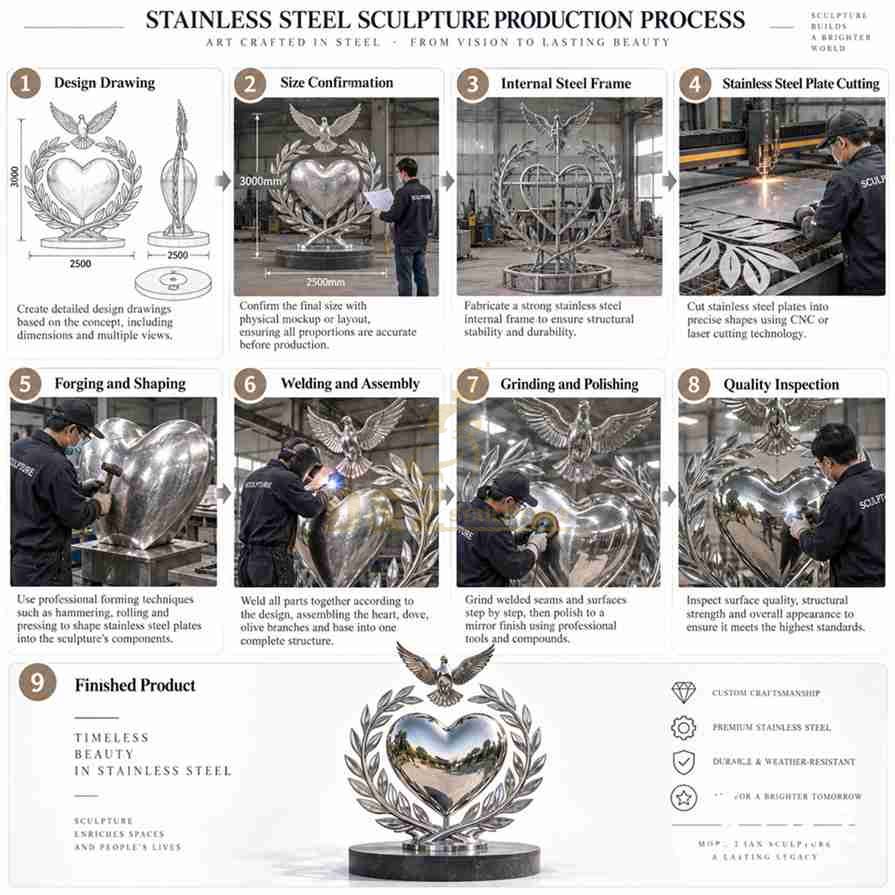 Peace andStainless steel peace sculpture production process from design and internal frame to welding, polishing and final inspection Peace andStainless steel peace sculpture production process from design and internal frame to welding, polishing and final inspection