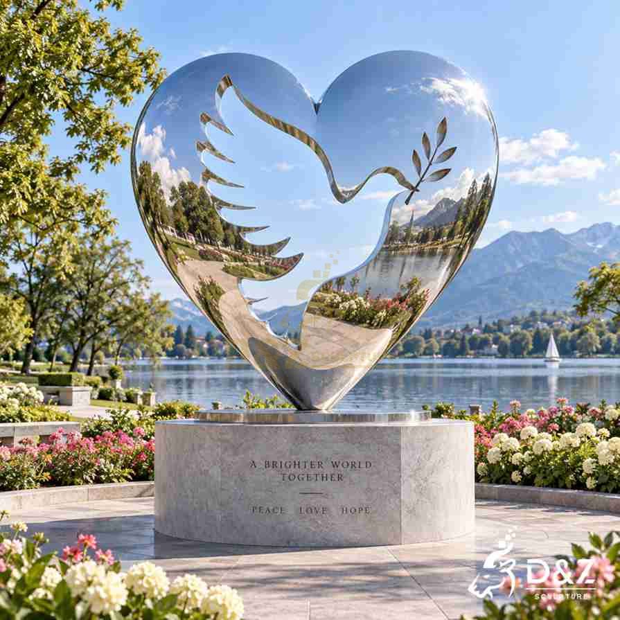 Metal heart sculpture with dove and olive branch cutout in mirror stainless steel beside a lakeside garden Metal heart sculpture with dove and olive branch cutout in mirror stainless steel beside a lakeside garden