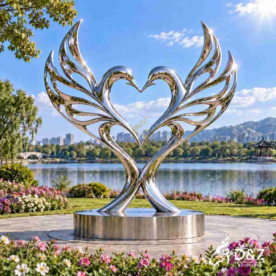 Peace and love sculpture with two stylized doves forming a heart shape in polished stainless steel Peace and love sculpture with two stylized doves forming a heart shape in polished stainless steel
