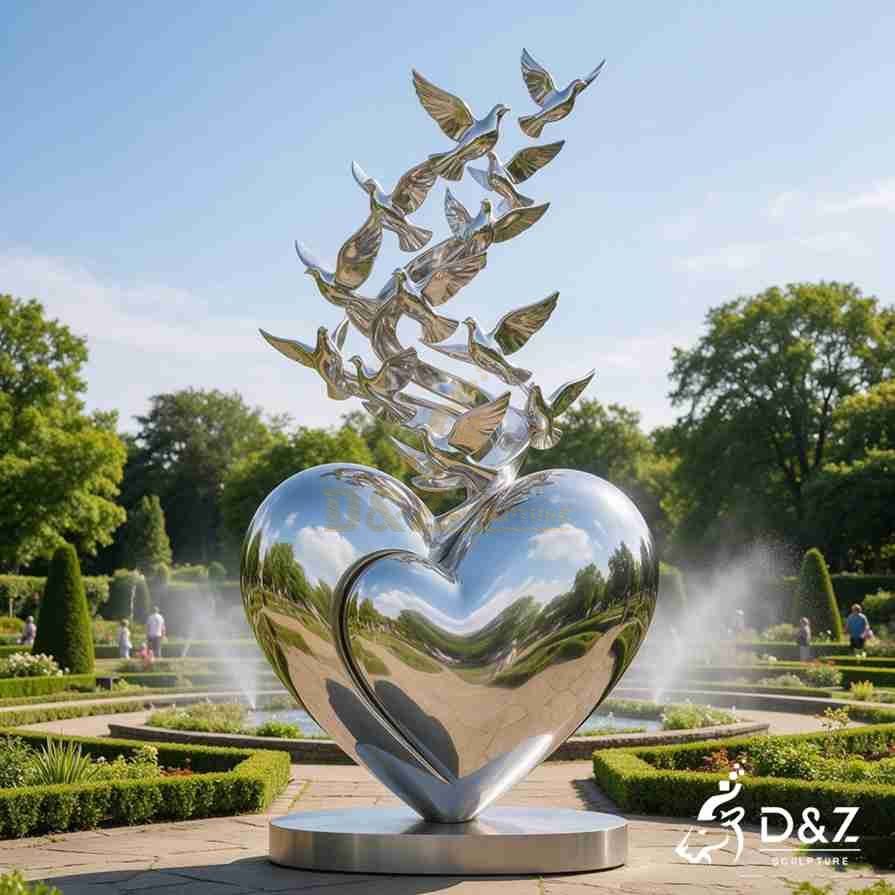 Large love heart sculpture with a flock of stainless steel peace doves rising above the heart in a formal garden Large love heart sculpture with a flock of stainless steel peace doves rising above the heart in a formal garden