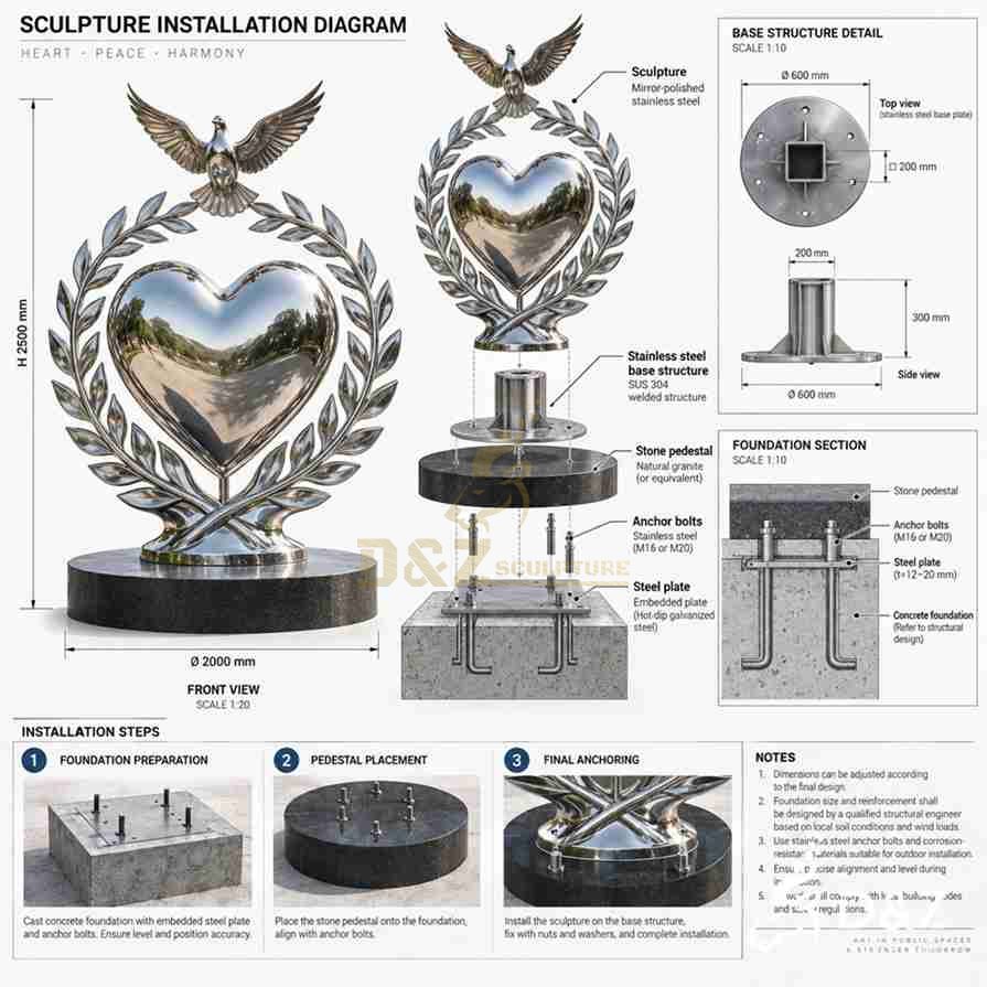 Peace and love sculpture installation diagram showing stainless steel base structure, anchor bolts, stone pedestal and concrete foundation Peace and love sculpture installation diagram showing stainless steel base structure, anchor bolts, stone pedestal and concrete foundation