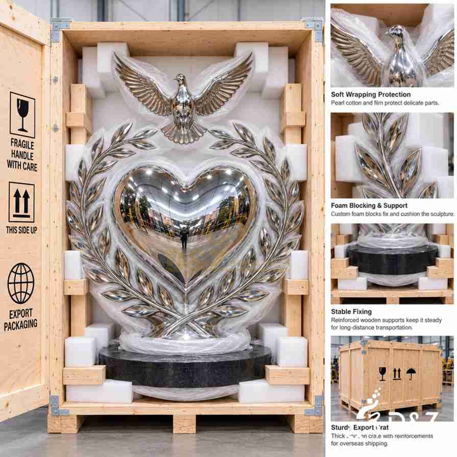 Mirror stainless steel peace and love sculpture packed in a reinforced wooden crate with foam protection for global shipping Mirror stainless steel peace and love sculpture packed in a reinforced wooden crate with foam protection for global shipping