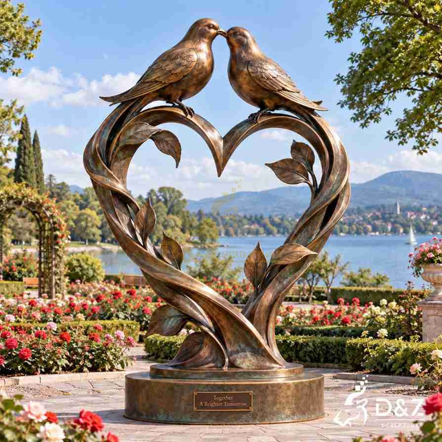 Large bronze love birds sculpture with two kissing birds and heart-shaped vines in a lakeside garden Large bronze love birds sculpture with two kissing birds and heart-shaped vines in a lakeside garden