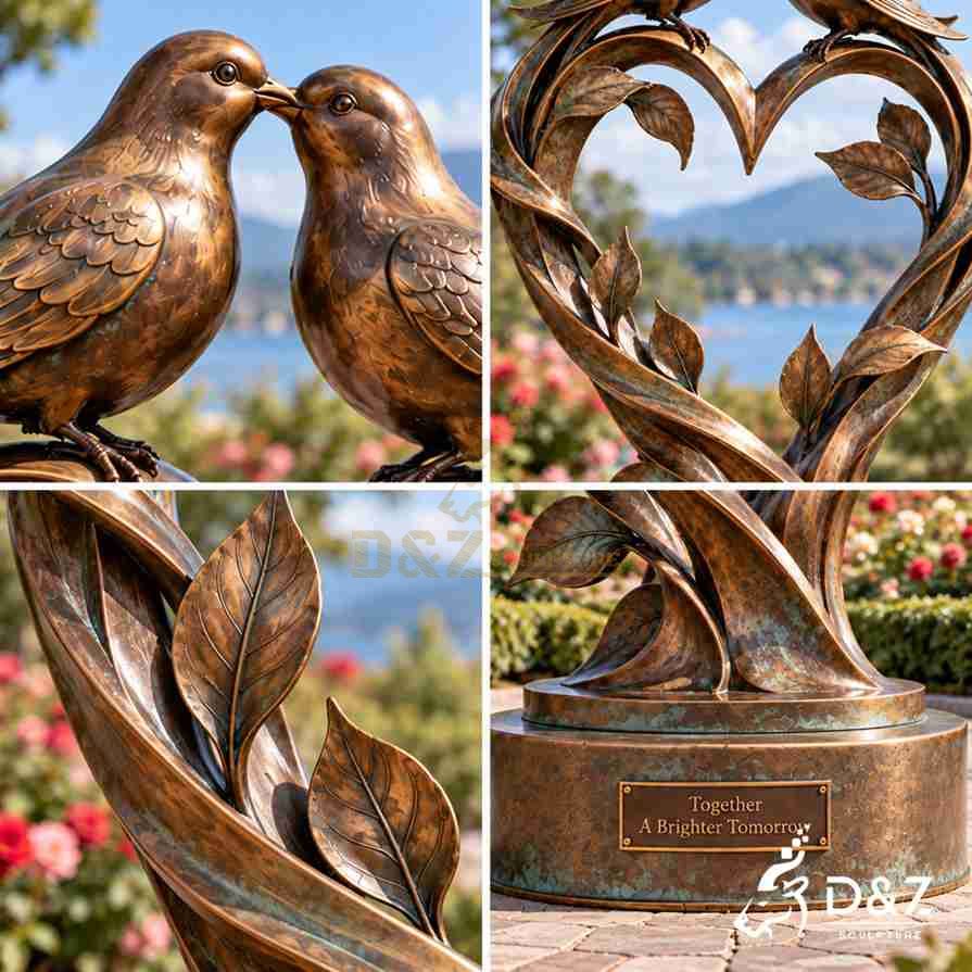 Bronze love birds sculpture detail collage showing kissing birds, feather carving, vine leaves and antique bronze base Bronze love birds sculpture detail collage showing kissing birds, feather carving, vine leaves and antique bronze base