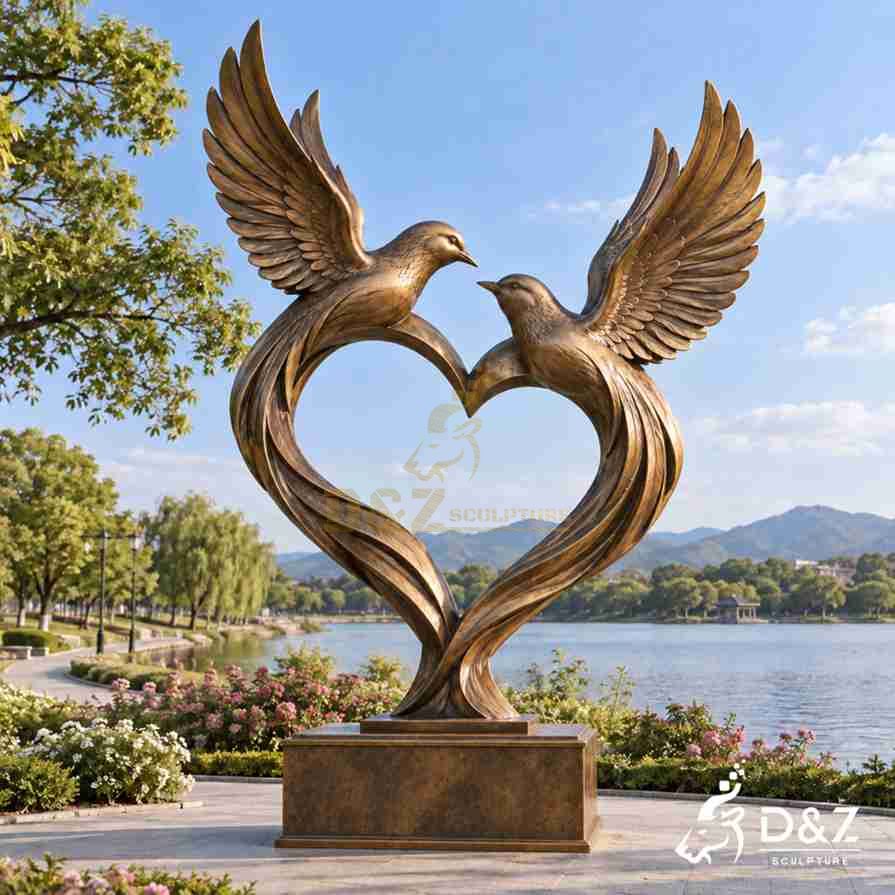 Large bronze bird sculpture with two flying love birds forming a heart-shaped outline beside a lake Large bronze bird sculpture with two flying love birds forming a heart-shaped outline beside a lake