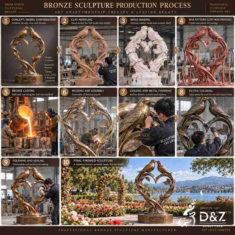 Bronze love birds sculpture production process from clay modeling and casting to welding, patina and final polishing Bronze love birds sculpture production process from clay modeling and casting to welding, patina and final polishing