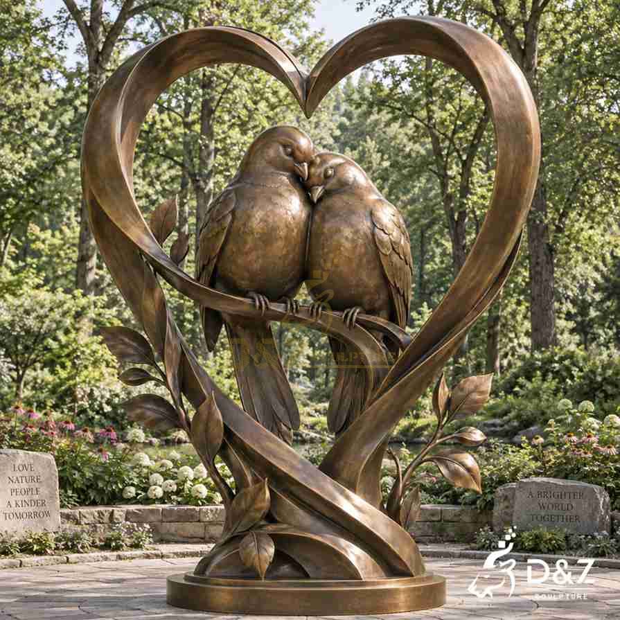Bronze love sculpture with two birds cuddling inside a heart-shaped vine frame in a landscaped park Bronze love sculpture with two birds cuddling inside a heart-shaped vine frame in a landscaped park
