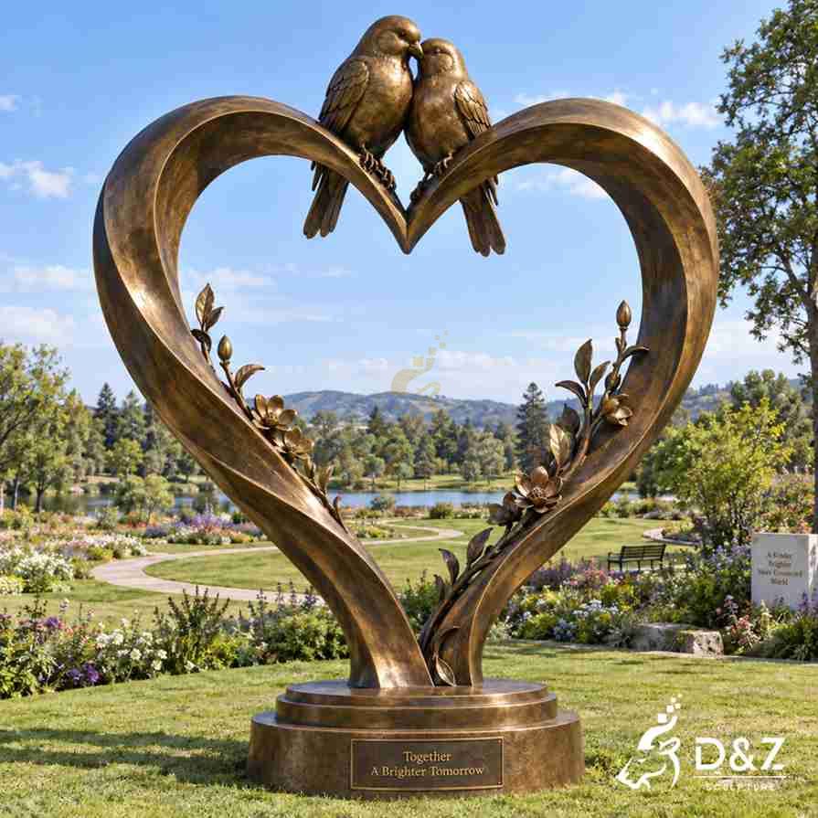 Large bronze heart sculpture with two love birds perched above a floral heart frame in a public garden Large bronze heart sculpture with two love birds perched above a floral heart frame in a public garden