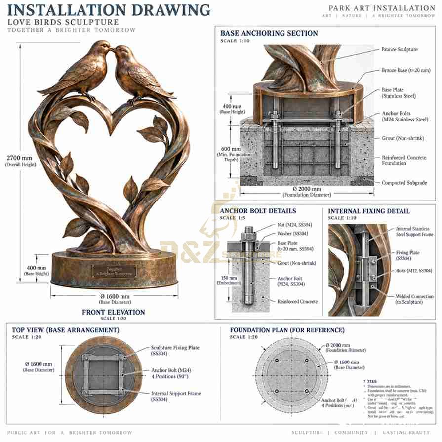 Love birds sculpture installation drawing showing internal support frame, base plate, anchor bolts and concrete foundation Love birds sculpture installation drawing showing internal support frame, base plate, anchor bolts and concrete foundation
