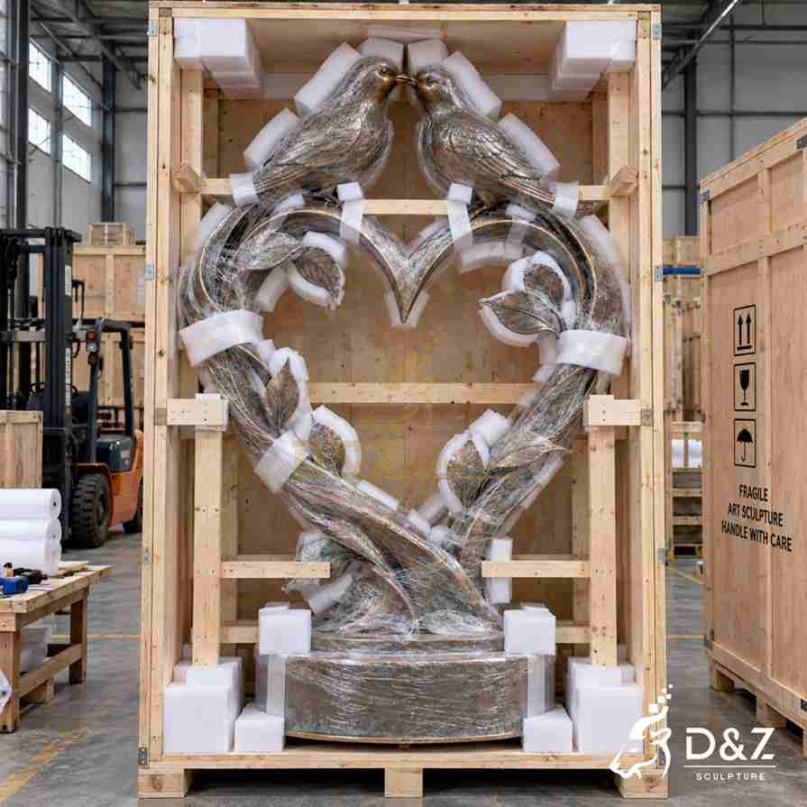 Bronze love birds sculpture packed in a reinforced wooden crate with foam protection for safe international shipping Bronze love birds sculpture packed in a reinforced wooden crate with foam protection for safe international shipping