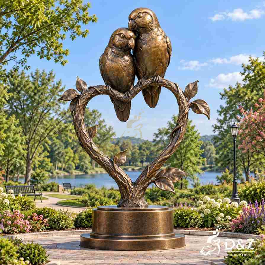 Large bird sculpture with two bronze love birds resting together above a heart-shaped tree branch in a garden Large bird sculpture with two bronze love birds resting together above a heart-shaped tree branch in a garden