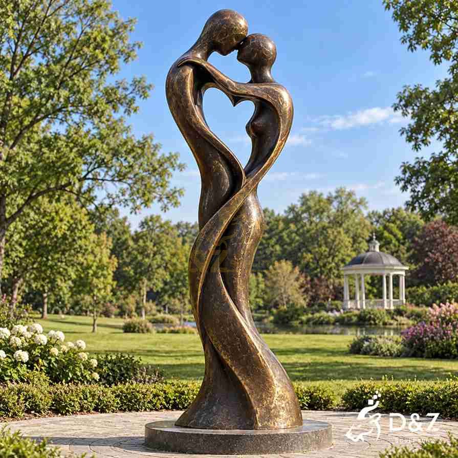 Large bronze couple in love sculpture with two abstract figures embracing and kissing in a landscaped park Large bronze couple in love sculpture with two abstract figures embracing and kissing in a landscaped park