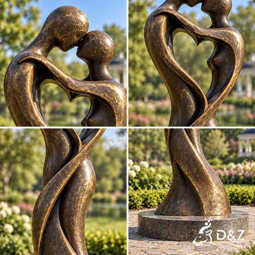 Bronze couple sculpture detail collage showing embracing pose, hollow heart shape, flowing curves and antique bronze finish Bronze couple sculpture detail collage showing embracing pose, hollow heart shape, flowing curves and antique bronze finish