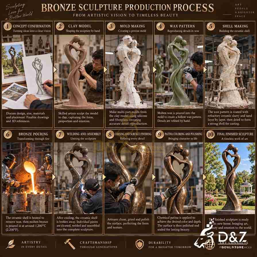 Bronze love sculpture production process from concept and clay model to lost-wax casting, assembly, patina and final finishing Bronze love sculpture production process from concept and clay model to lost-wax casting, assembly, patina and final finishing