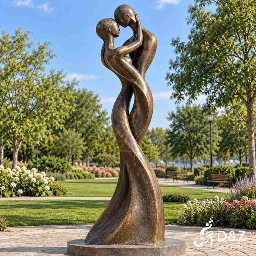 Large couple in love sculpture with two abstract bronze figures embracing in a tall twisted composition Large couple in love sculpture with two abstract bronze figures embracing in a tall twisted composition