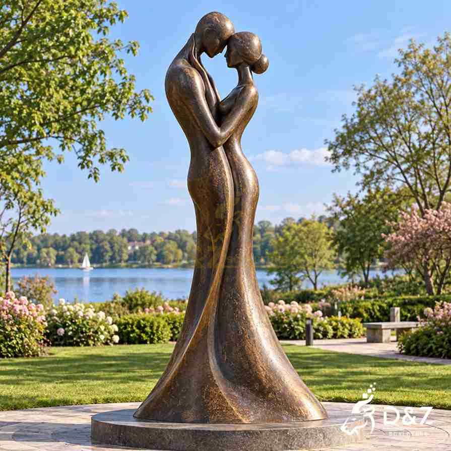 Bronze couple sculpture with two simplified figures standing face to face in an intimate embracing pose Bronze couple sculpture with two simplified figures standing face to face in an intimate embracing pose