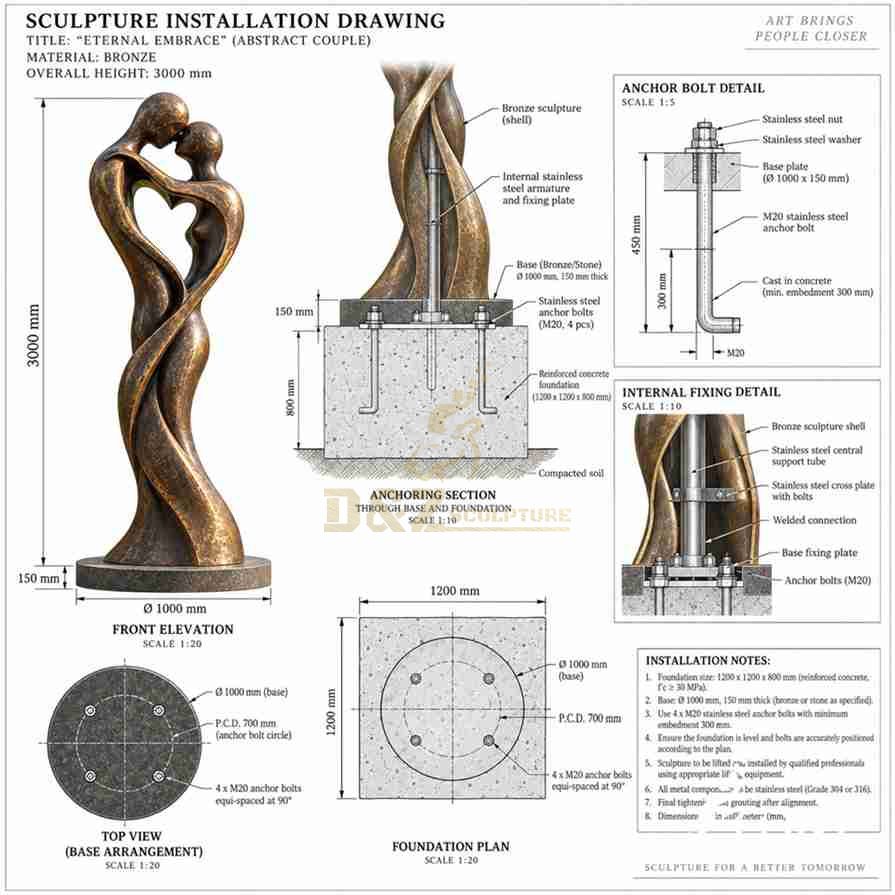 Couple in love sculpture installation drawing showing internal support frame, base plate, anchor bolts and concrete foundation Couple in love sculpture installation drawing showing internal support frame, base plate, anchor bolts and concrete foundation