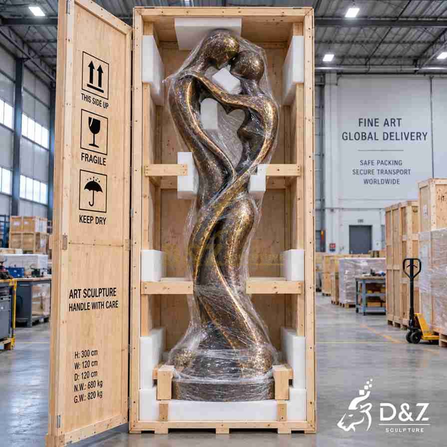 Bronze couple in love sculpture secured in a reinforced wooden crate with foam protection for international shipping Bronze couple in love sculpture secured in a reinforced wooden crate with foam protection for international shipping