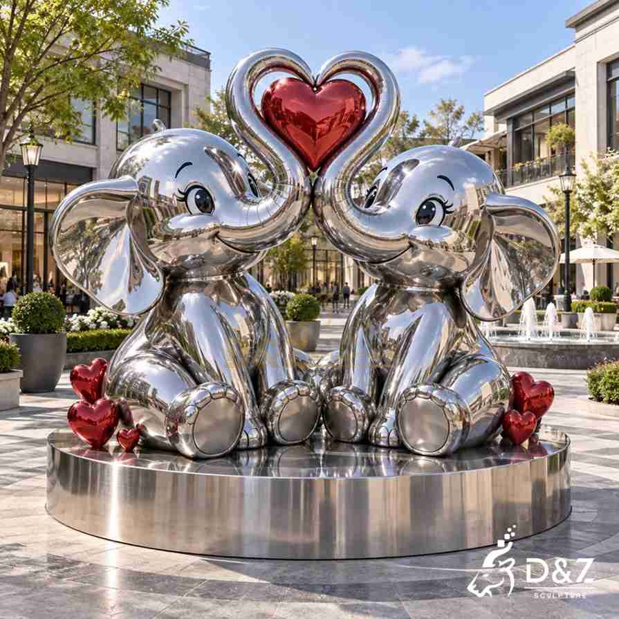 Modern elephant love sculpture with two mirror stainless steel elephants and a red heart between their trunks