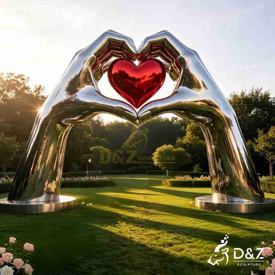 Large stainless steel hands of love sculpture forming a heart around a red heart centerpiece