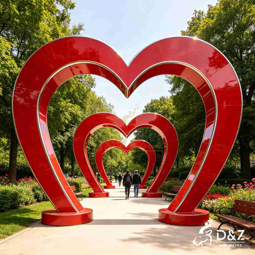 Large red love heart sculpture designed as a walk-through heart arch installation for outdoor