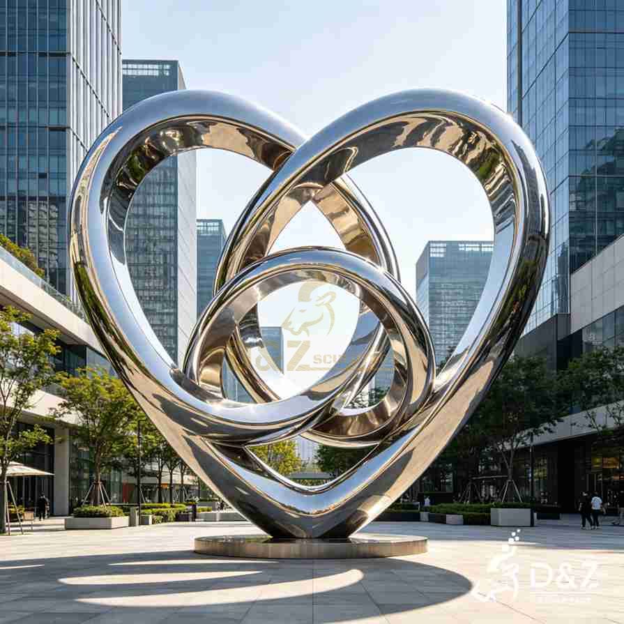 Abstract circle of love sculpture with polished stainless steel loops forming a modern heart-shaped structure Abstract circle of love sculpture with polished stainless steel loops forming a modern heart-shaped structure