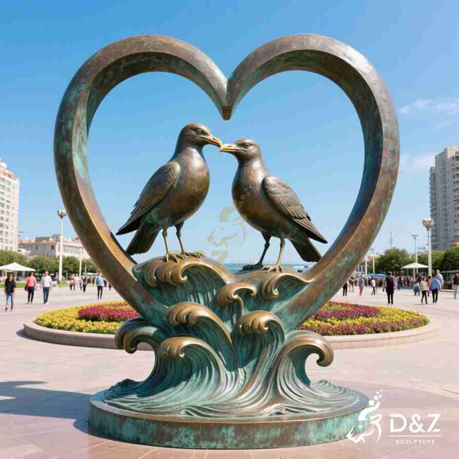 Bronze seagull love sculpture with two birds inside a heart-shaped frame above stylized ocean waves Bronze seagull love sculpture with two birds inside a heart-shaped frame above stylized ocean waves