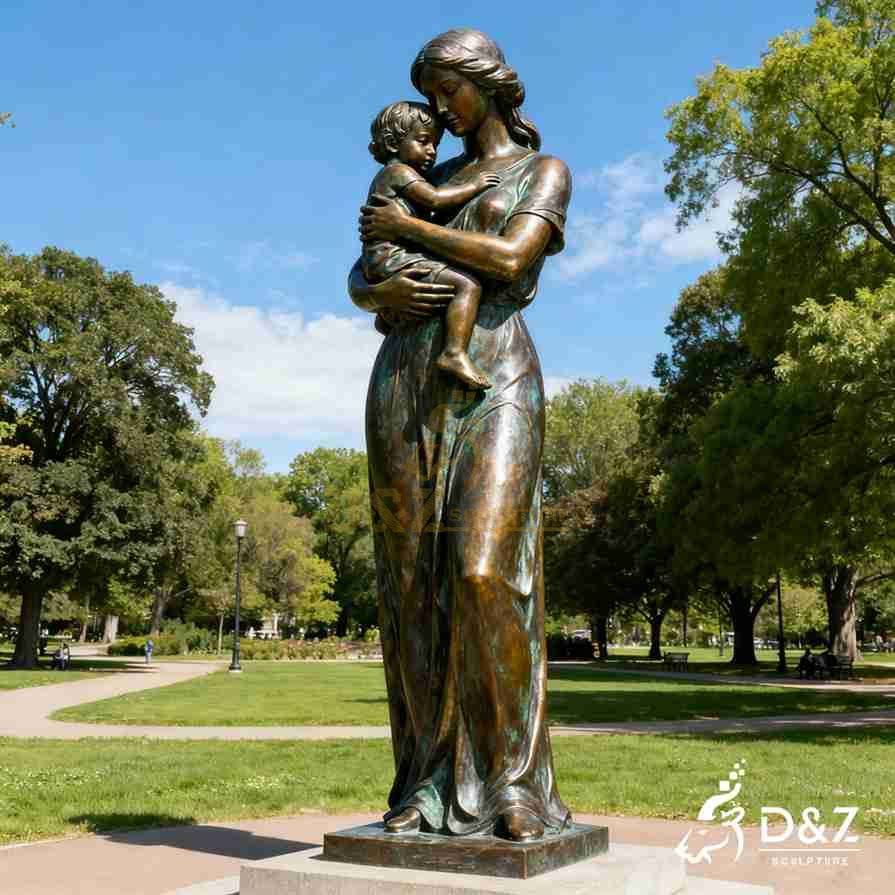 Bronze mother's love sculpture showing a mother holding her child in a warm and protective embrace Bronze mother's love sculpture showing a mother holding her child in a warm and protective embrace