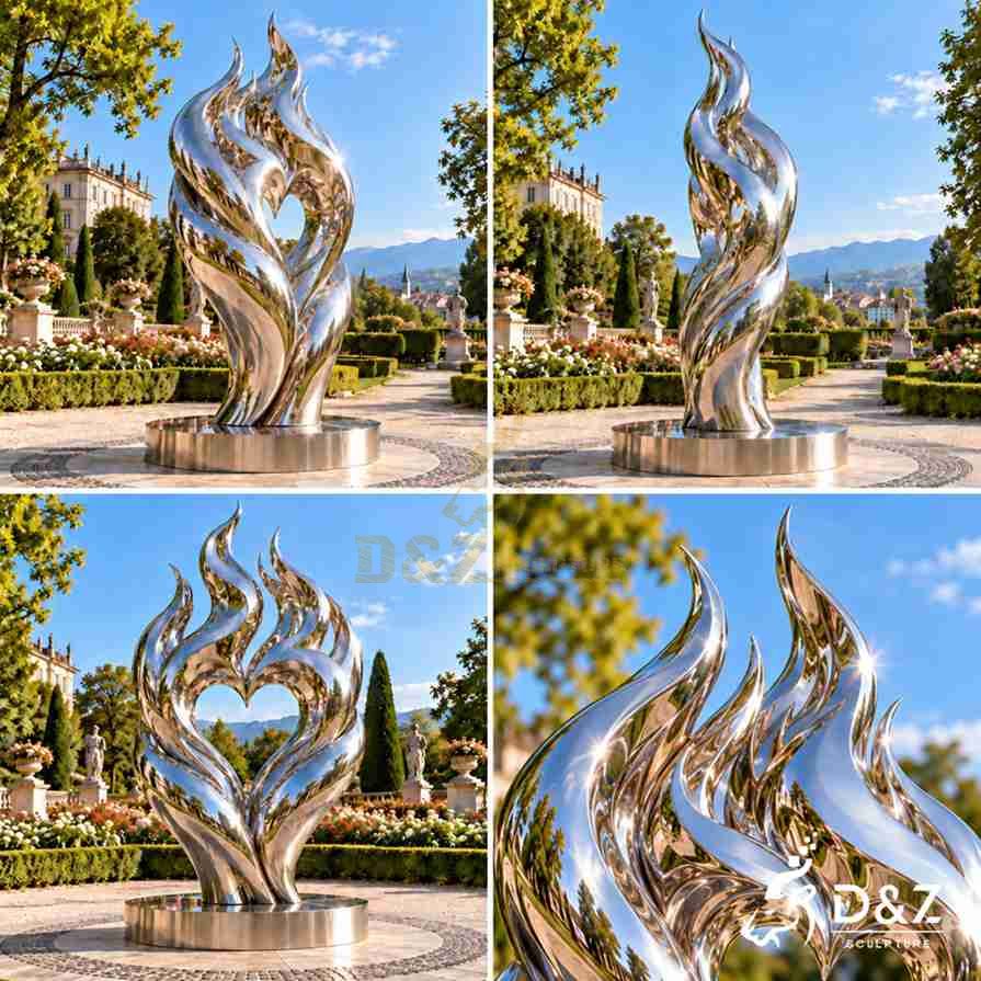 Multiple views and detail close-up of a mirror stainless steel flames of love sculpture