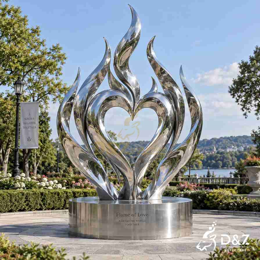 Flames of love sculpture with heart-shaped flame design and engraved stainless steel base