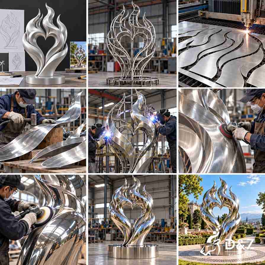 Manufacturing process of a stainless steel metal flame sculpture from design to mirror polishing