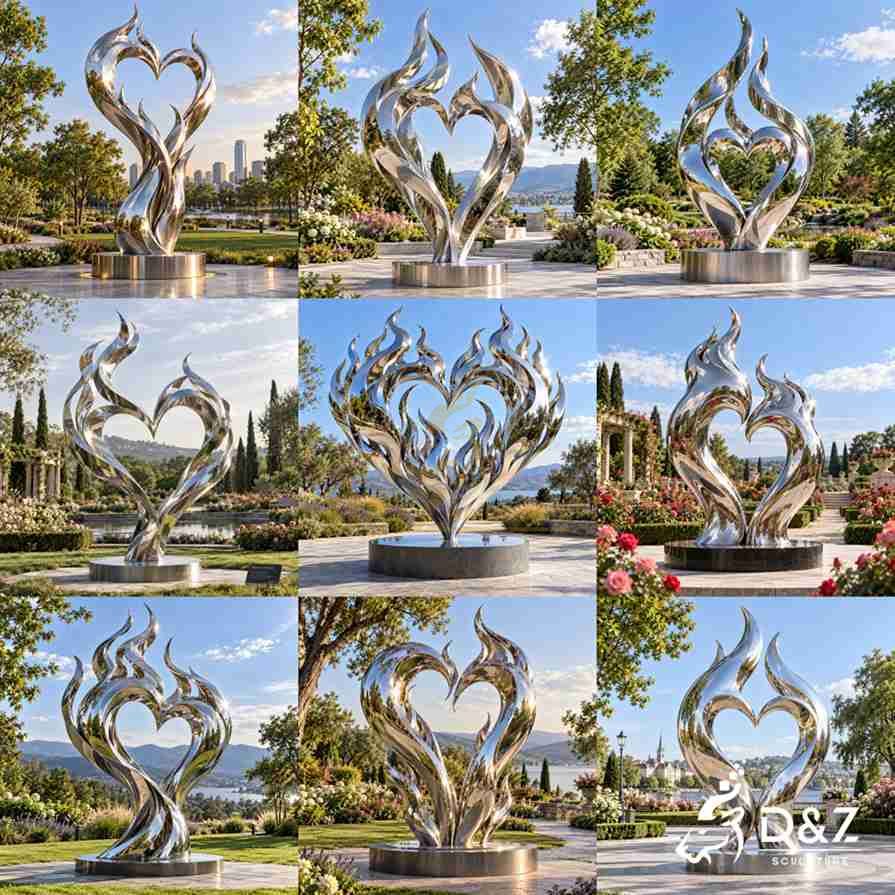Different designs of stainless steel flames of love sculptures for outdoor landscape projects
