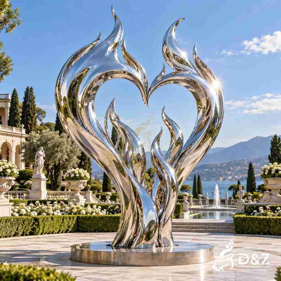 Large stainless steel love art sculpture with flowing flame-shaped heart design
