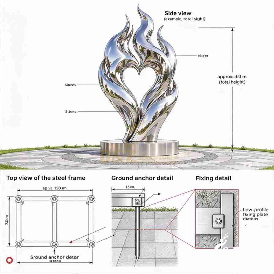 Structural and installation drawing for a large stainless steel flames of love sculpture