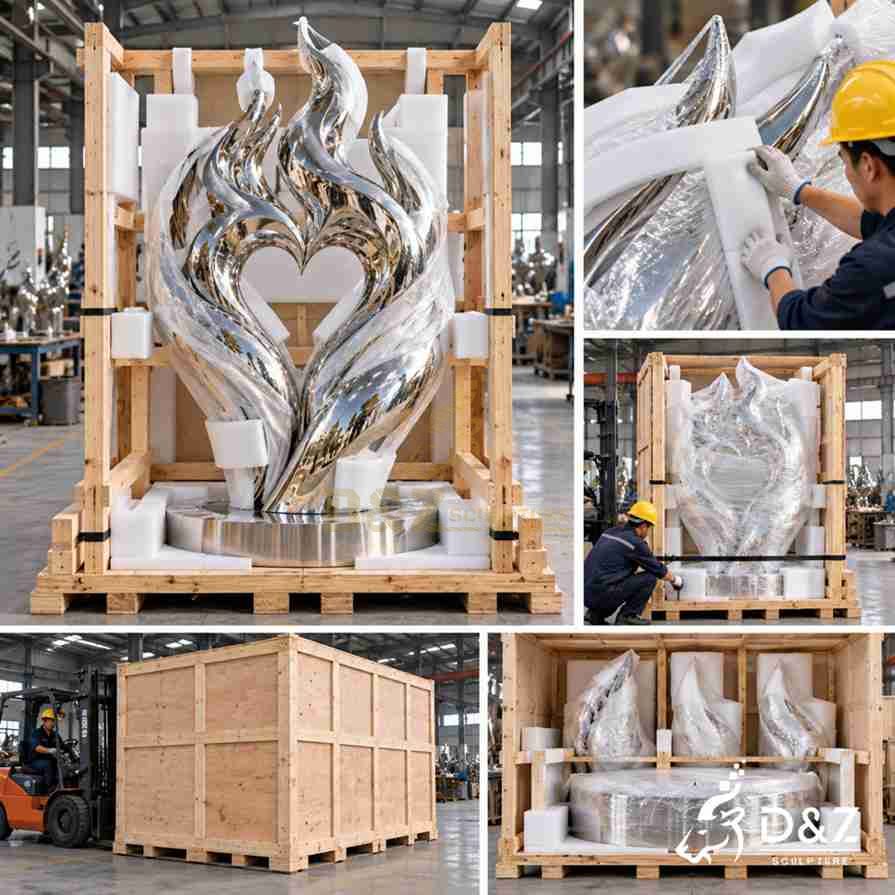 Protective packing and wooden crate process for a large mirror stainless steel sculpture