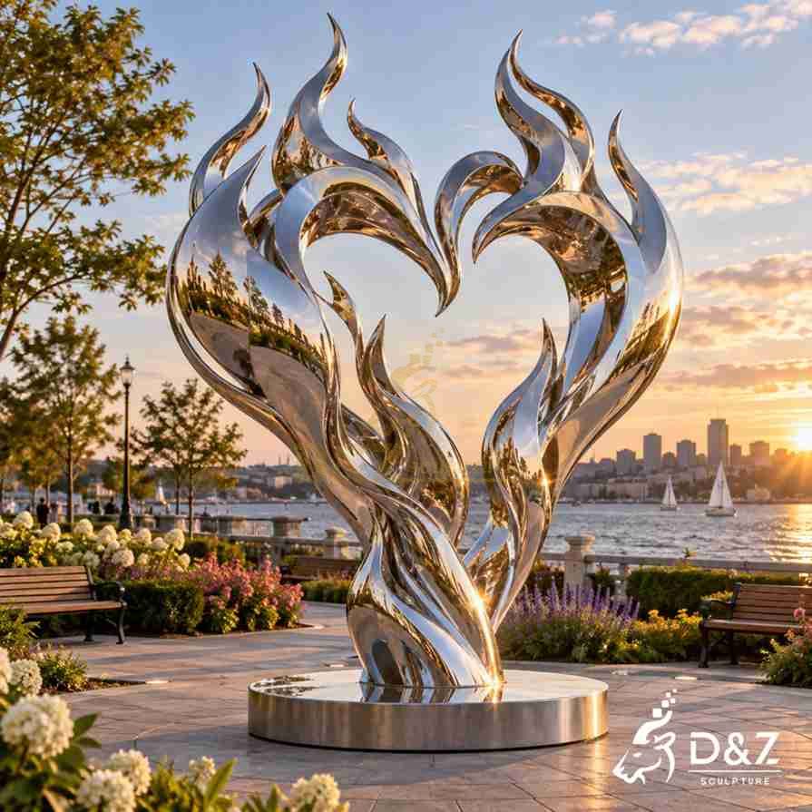 Creative metal flame sculpture with heart-shaped form installed in a waterfront public space