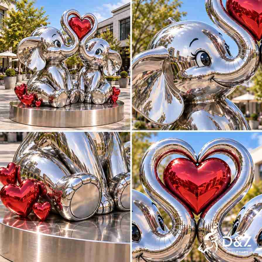 Multiple views and close-up details of a stainless steel elephant love sculpture with red heart design Multiple views and close-up details of a stainless steel elephant love sculpture with red heart design