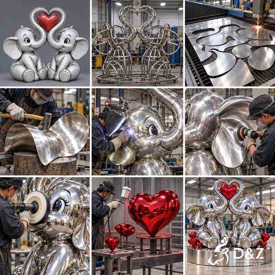Manufacturing process of a mirror stainless steel elephant love sculpture from 3D design to polishing Manufacturing process of a mirror stainless steel elephant love sculpture from 3D design to polishing