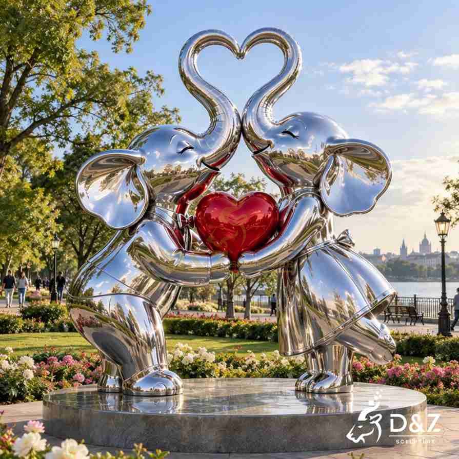Elephants in love sculpture holding a red heart with their trunks in a waterfront park Elephants in love sculpture holding a red heart with their trunks in a waterfront park