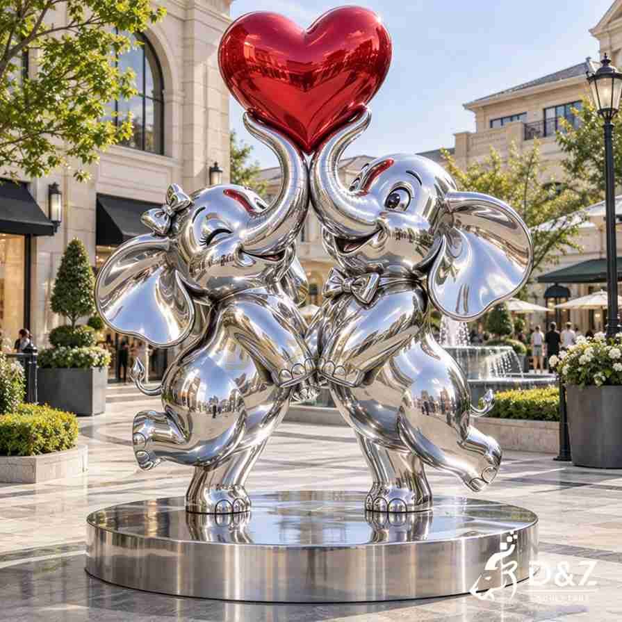 Large elephant love sculpture with two playful stainless steel elephants lifting a red heart Large elephant love sculpture with two playful stainless steel elephants lifting a red heart