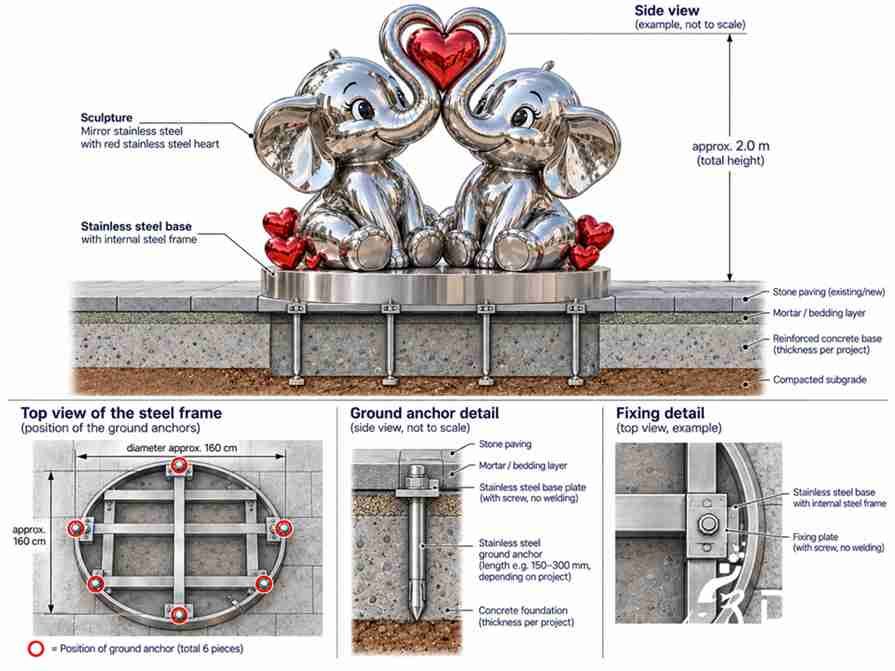 Foundation and anchor installation drawing for a large stainless steel elephant love sculpture Foundation and anchor installation drawing for a large stainless steel elephant love sculpture