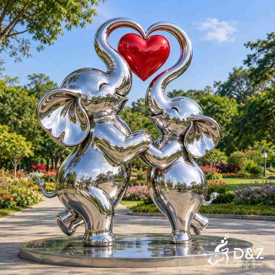 Stainless steel love art sculpture with two elephants holding hands beneath a red heart Stainless steel love art sculpture with two elephants holding hands beneath a red heart