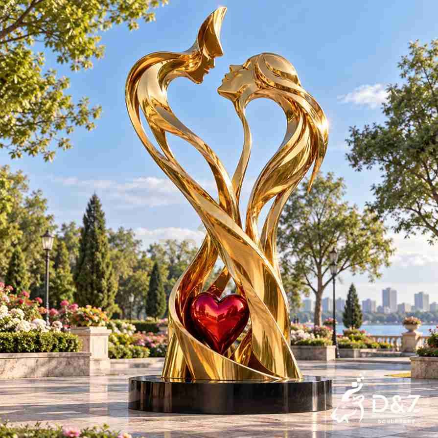 Golden eternal love sculpture with abstract kissing couple and red heart in an outdoor garden