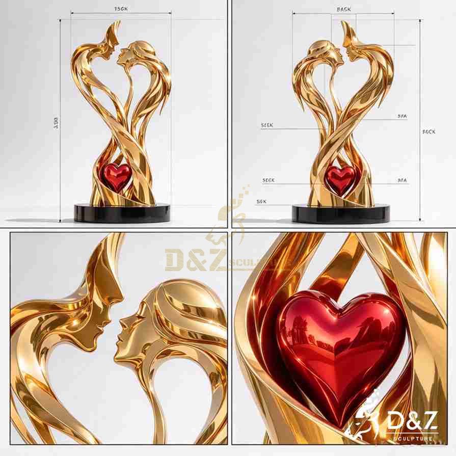 Design details and close-up views of a golden eternal love sculpture with red heart