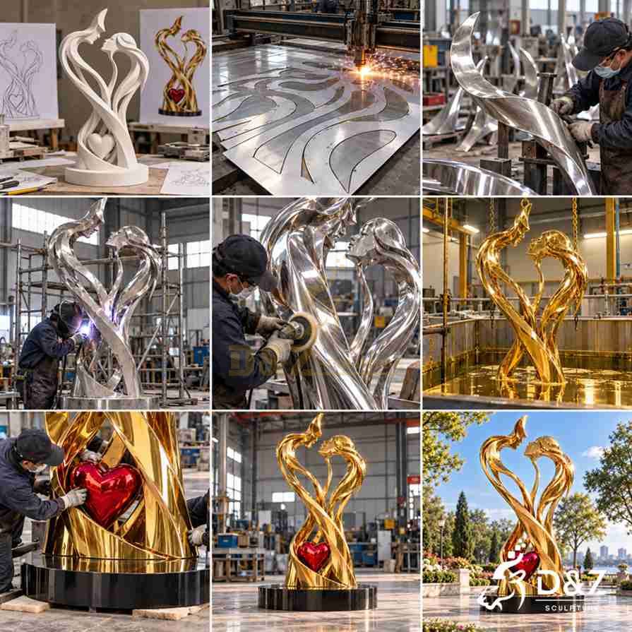 Manufacturing process of a golden stainless steel eternal love sculpture from model to polishing