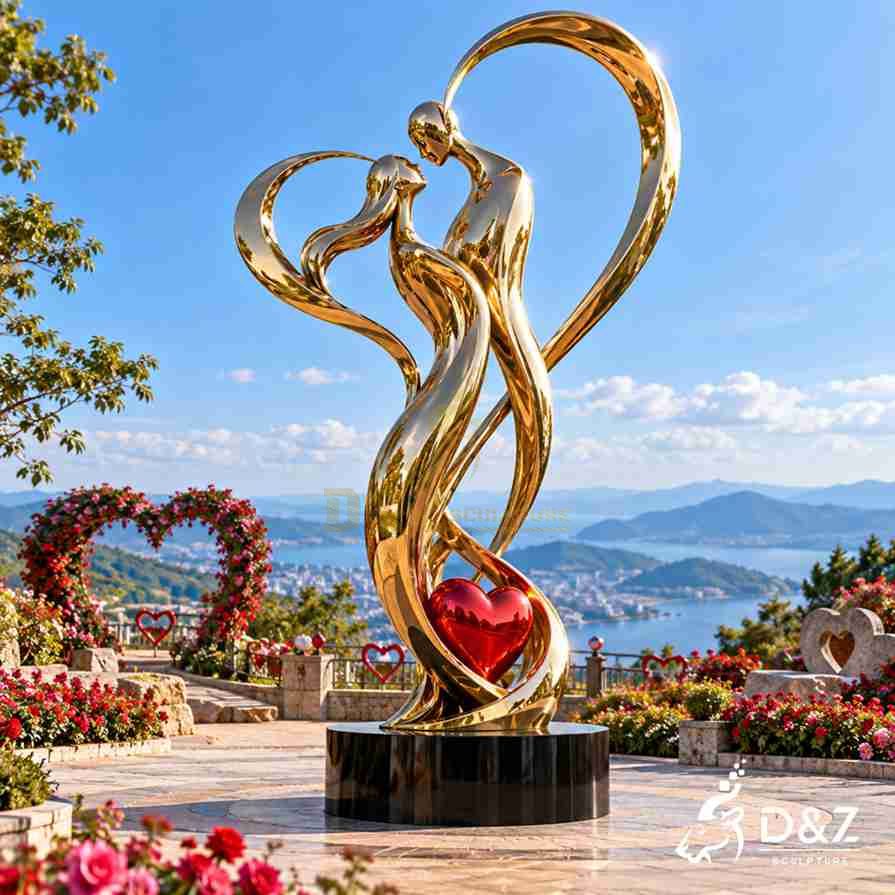 Intertwined couple love sculpture with golden flowing figures and red heart in a romantic park
