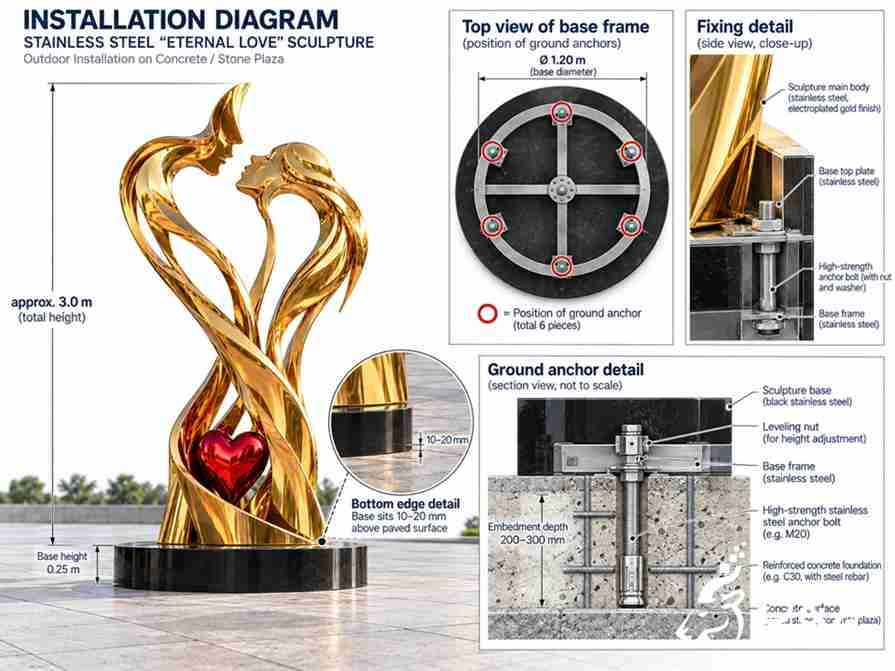 Installation and anchor diagram for a large stainless steel eternal love sculpture