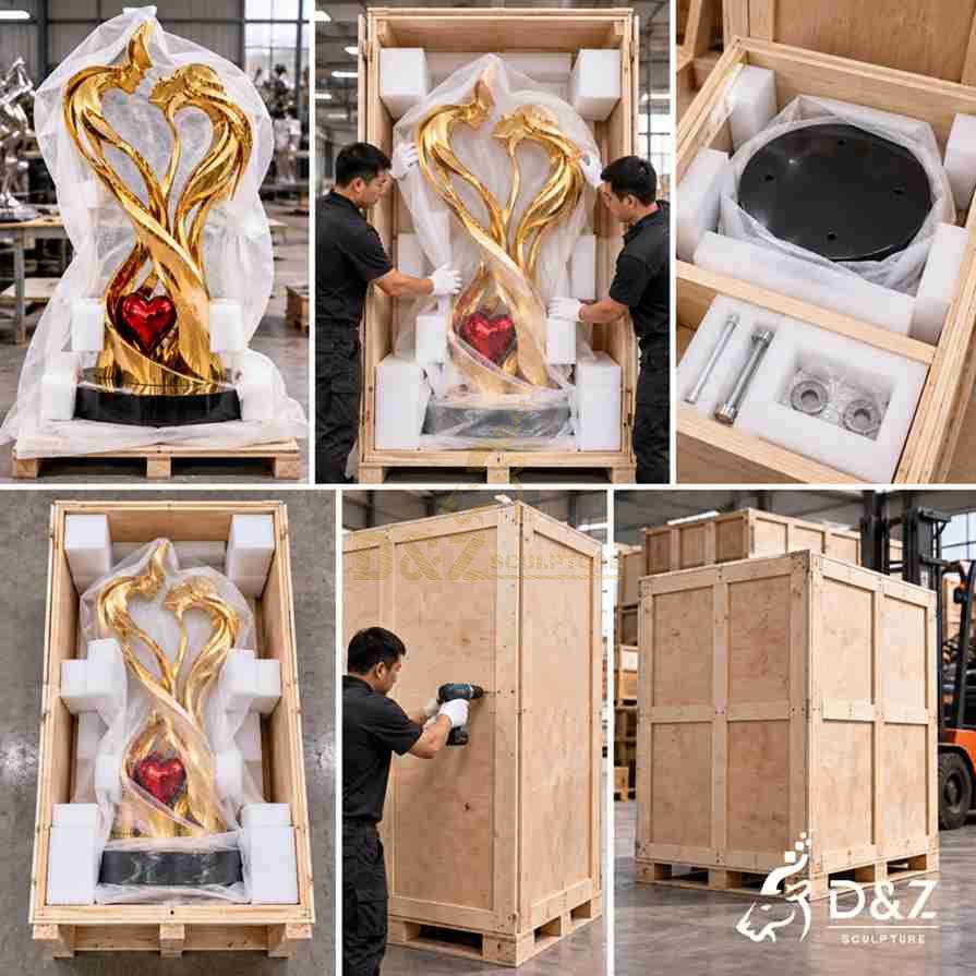 Protective wooden crate packing for a large golden eternal love sculpture