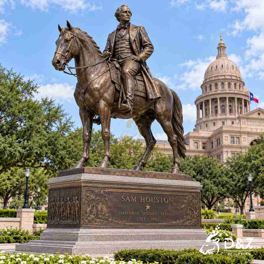 Large bronze Sam Houston statue on horse with memorial pedestal in a Texas civic setting Large bronze Sam Houston statue on horse with memorial pedestal in a Texas civic setting